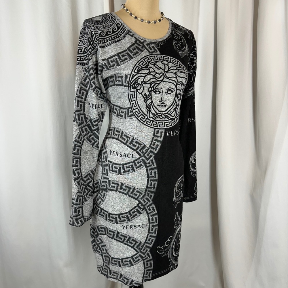 Black Gray Greek Key Medusa Style Sweater Dress Size XL Bodycon
